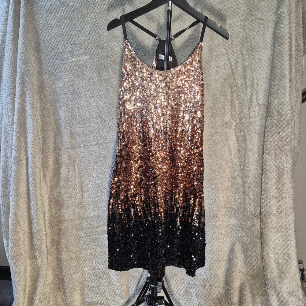 Maner Womens Sequin Ombre Mini Dress Rose Gold Black Racerback Party Medium
